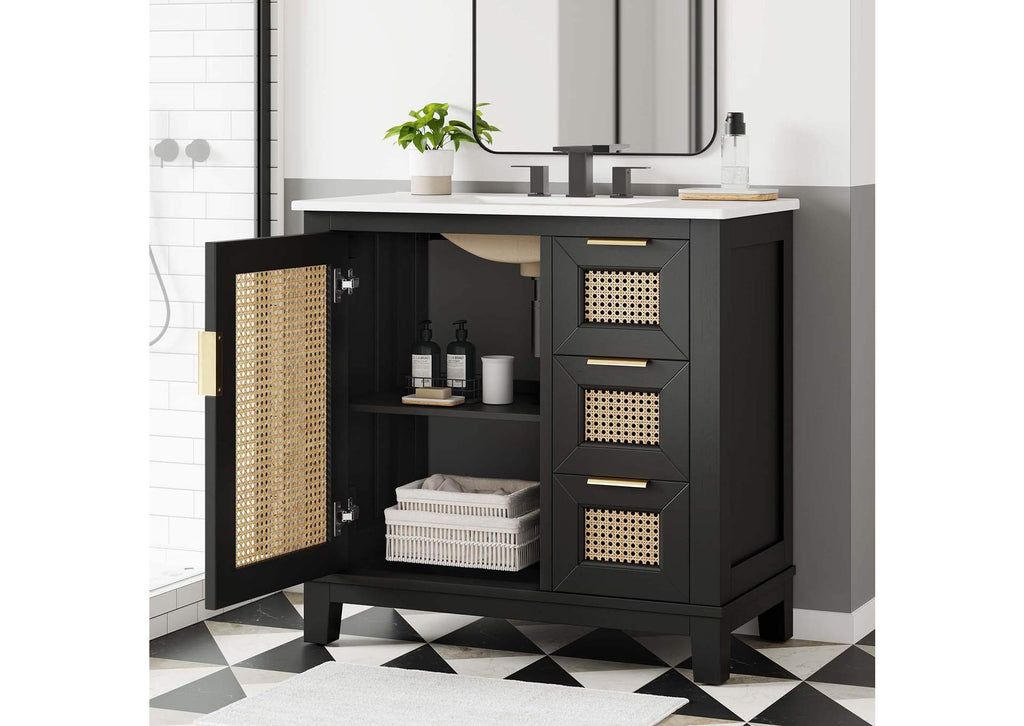 EEI-6725-BLK-WHI Dixie 36" Solid Wood Bathroom Vanity Cabinet By Modway