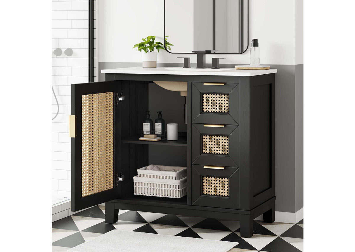 EEI-6725-BLK-WHI Dixie 36" Solid Wood Bathroom Vanity Cabinet By Modway