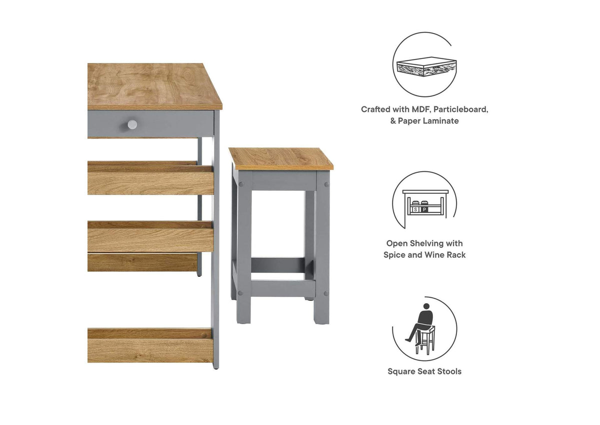 EEI-6730-OAK-GRY Galley 3-Piece Kitchen Island And Stool Set By Modway