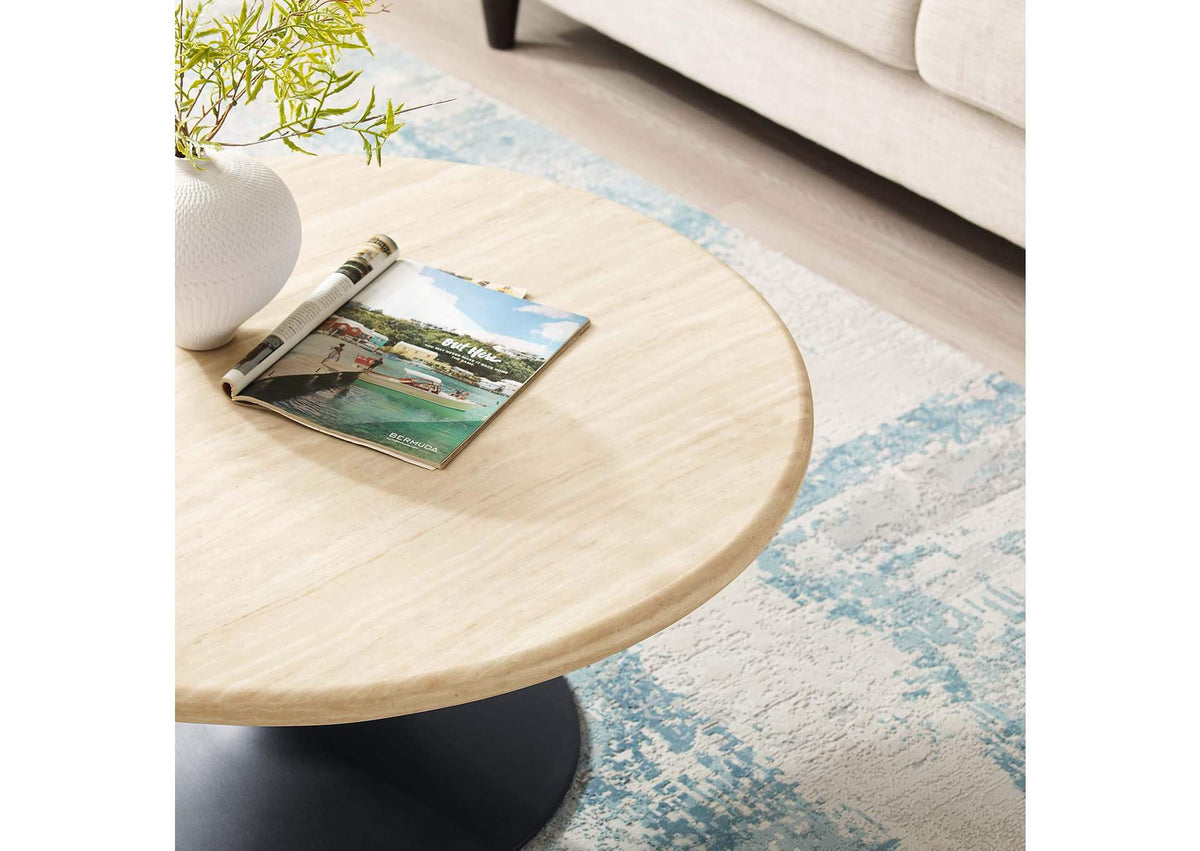 EEI-6751-BLK-TRA Lippa 36" Round Faux Travertine Coffee Table By Modway