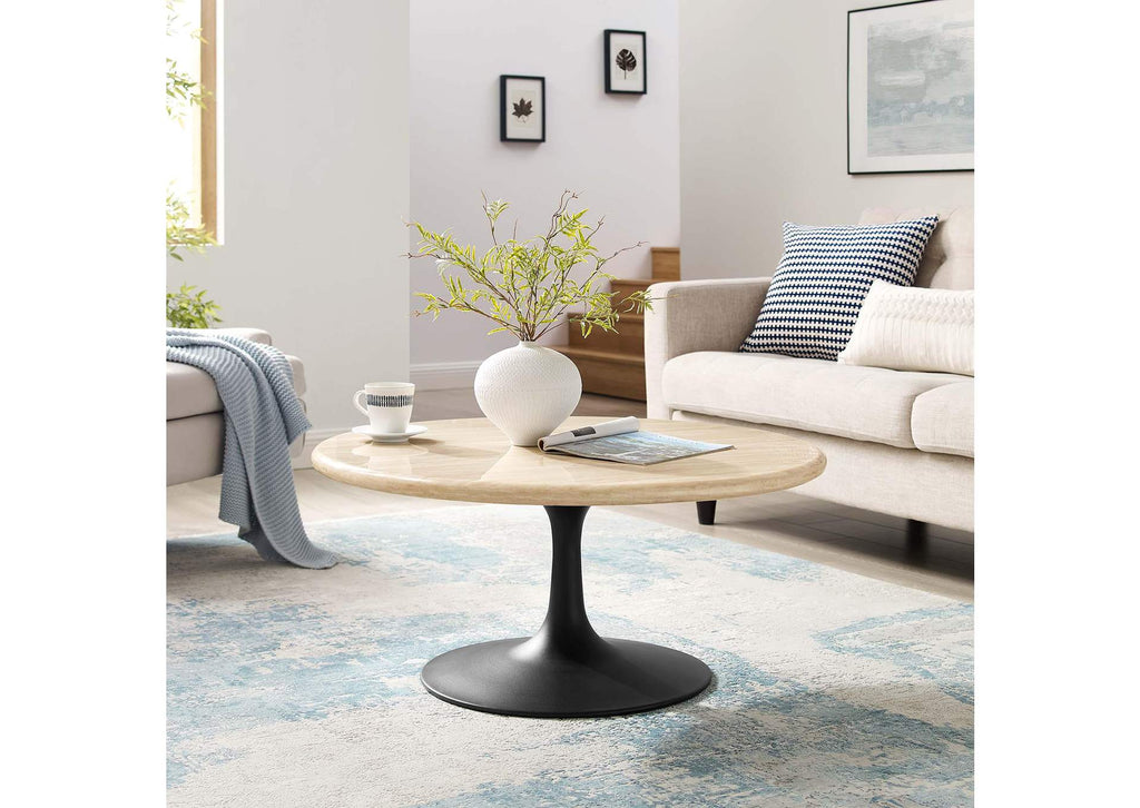 EEI-6751-BLK-TRA Lippa 36" Round Faux Travertine Coffee Table By Modway