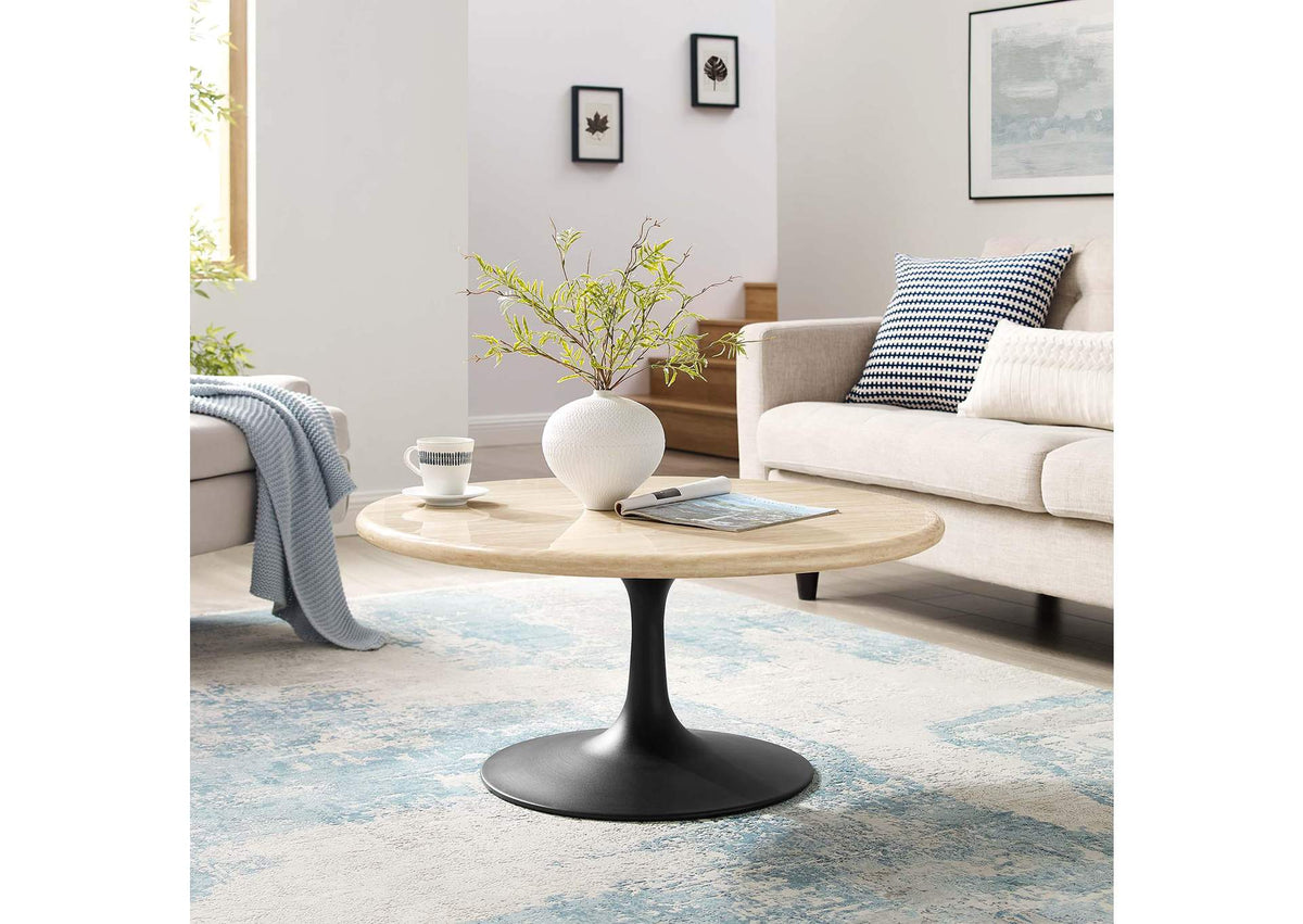 EEI-6751-BLK-TRA Lippa 36" Round Faux Travertine Coffee Table By Modway
