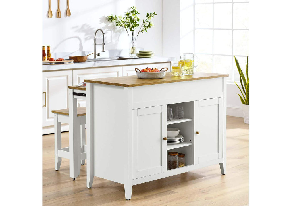 EEI-6894-OAK-WHI Garland 3-Piece Kitchen Island And Stool Set By Modway
