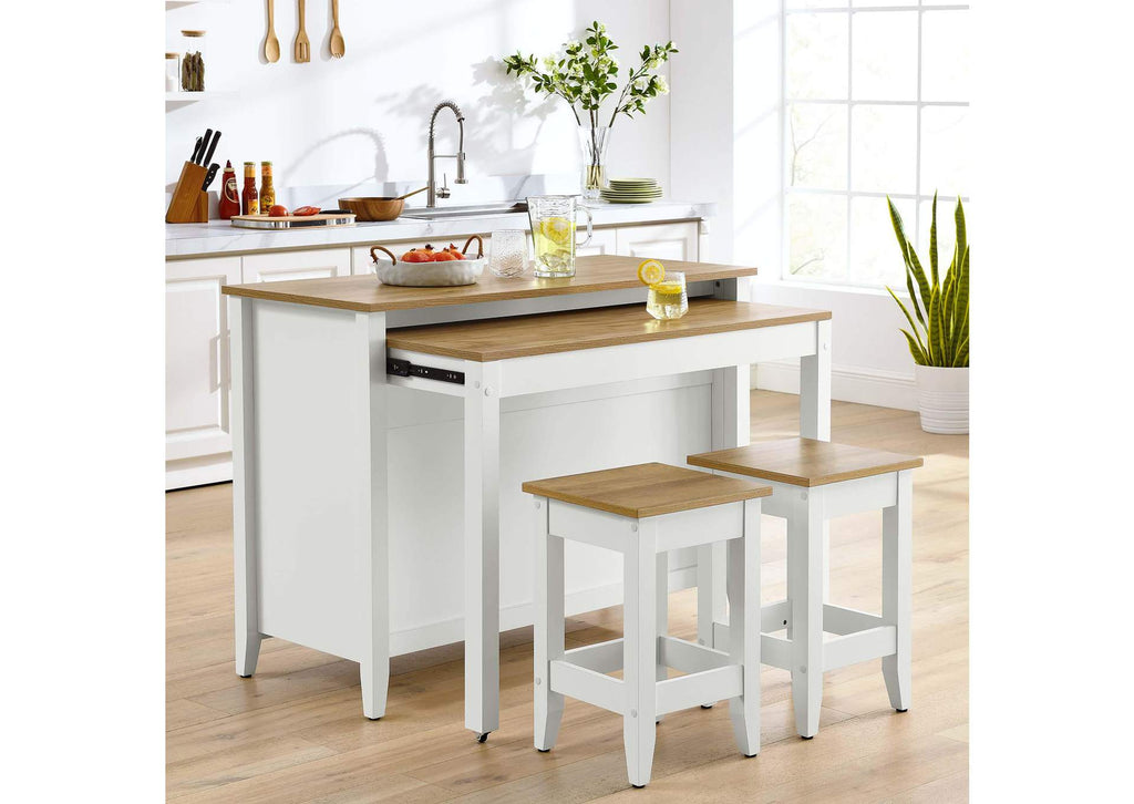 EEI-6894-OAK-WHI Garland 3-Piece Kitchen Island And Stool Set By Modway