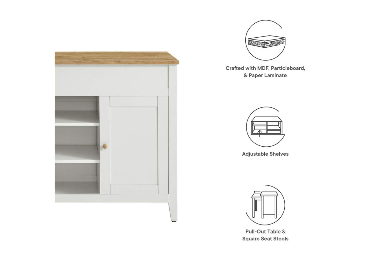 EEI-6894-OAK-WHI Garland 3-Piece Kitchen Island And Stool Set By Modway