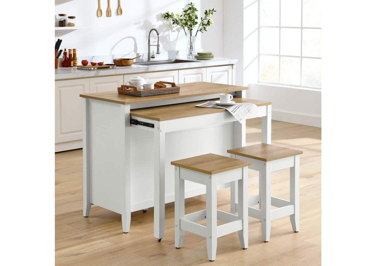 EEI-6895-OAK-WHI Farmstead 3-Piece Kitchen Island And Stool Set By Modway