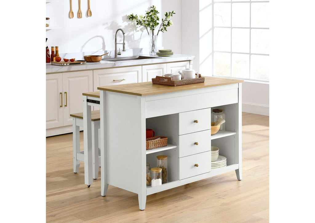 EEI-6895-OAK-WHI Farmstead 3-Piece Kitchen Island And Stool Set By Modway