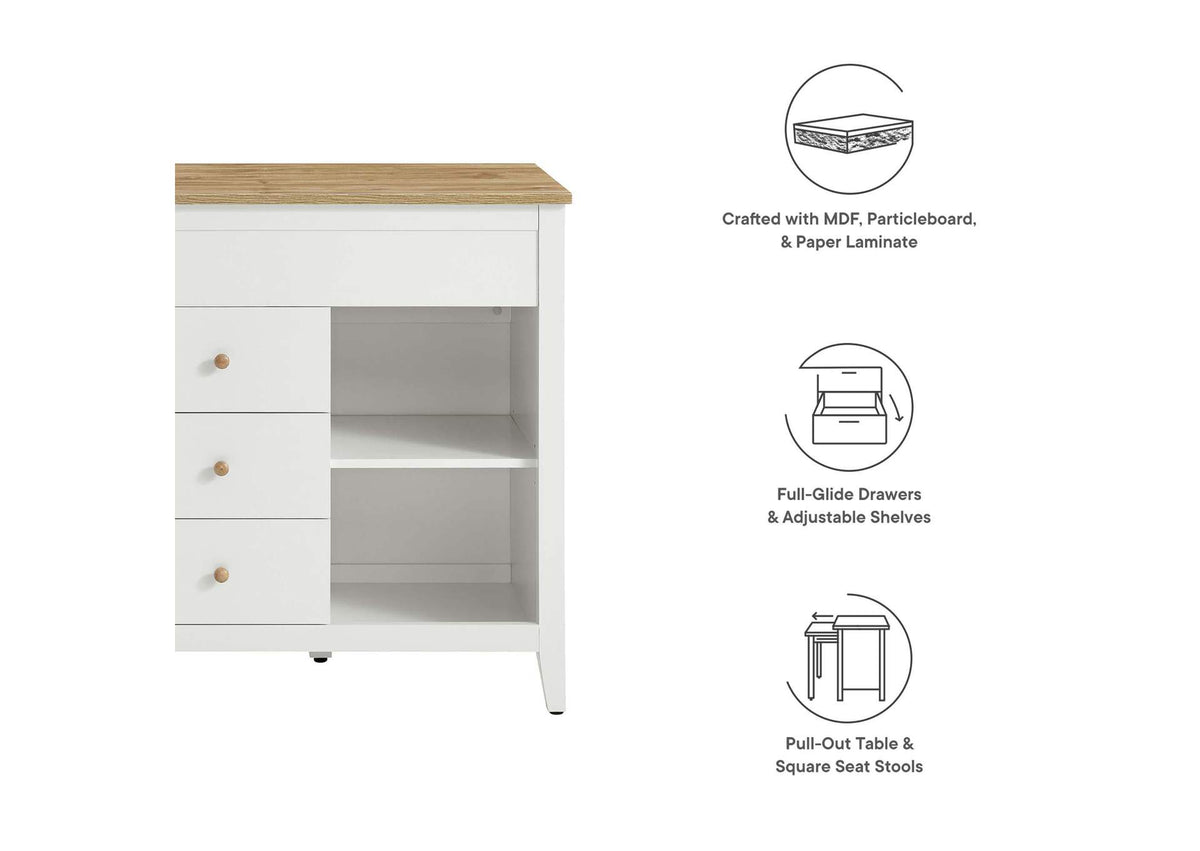EEI-6895-OAK-WHI Farmstead 3-Piece Kitchen Island And Stool Set By Modway