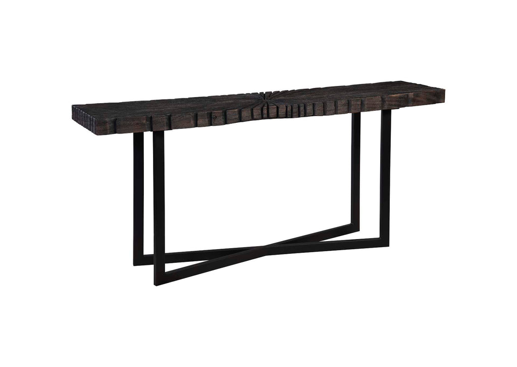TH103558 Chainsaw Console Table - Burnt Black - Black Iron Cross Base